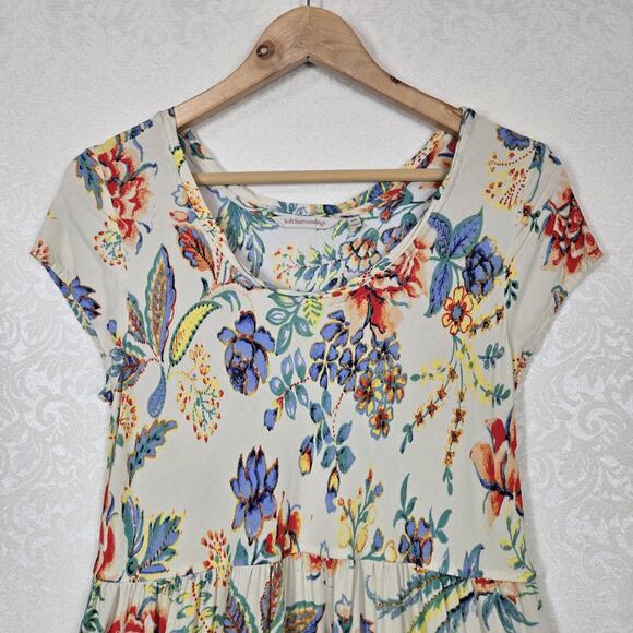 Soft Surroundings Kara Dress sz PM Yellow Multicolor Floral Tiered Boho Peasant - Picture 2 of 14